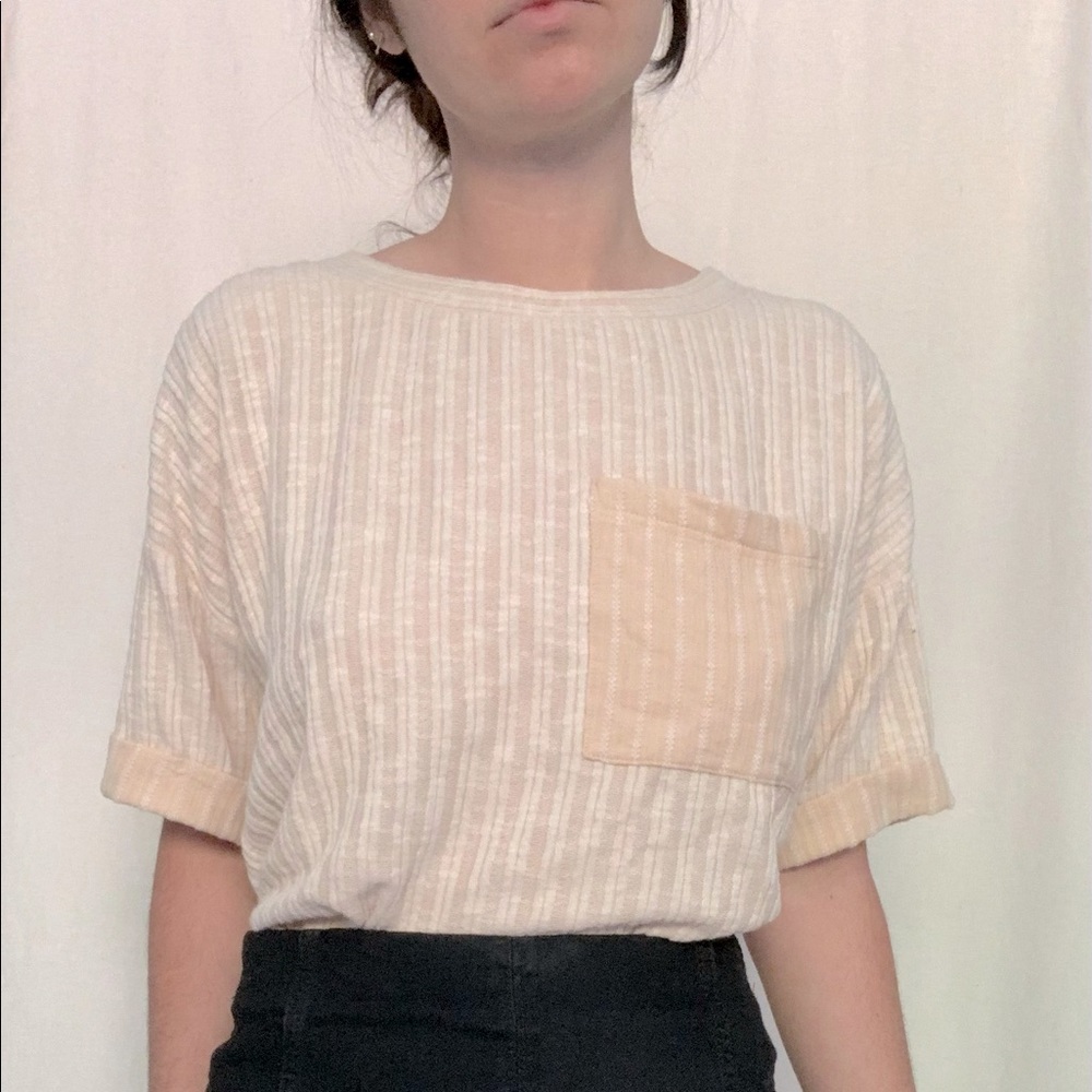 Cream Ribbed Large Pocket T-Shirt